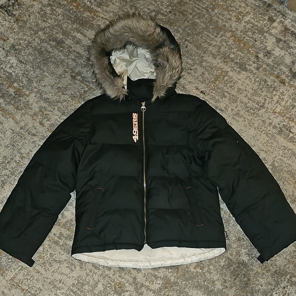San Francisco 49ers Black Puffer Jacket with Fur Hood Large - Picture 2 of 16